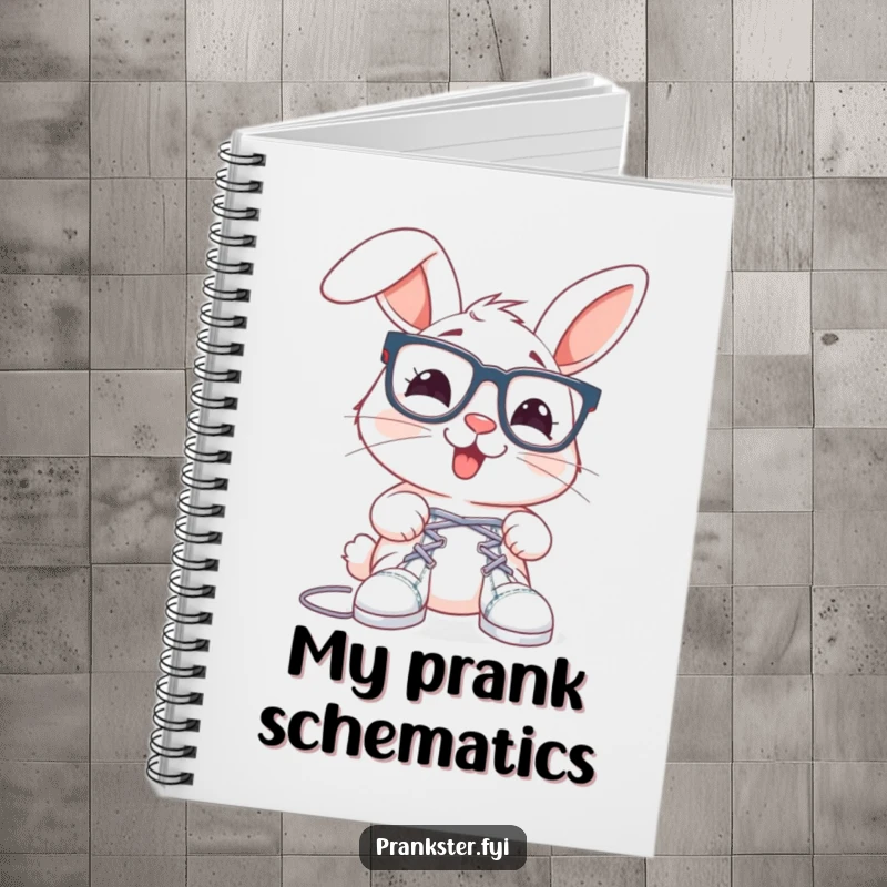Funny rabbit notebook with oversized spectacles, about to tie shoelaces together, great for notes.