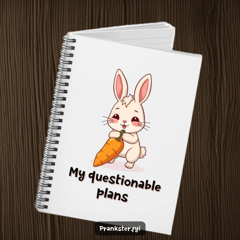 Funny rabbit notebook with a rabbit pulling a long string attached to a carrot. Ideal for trackers. Fun gift.