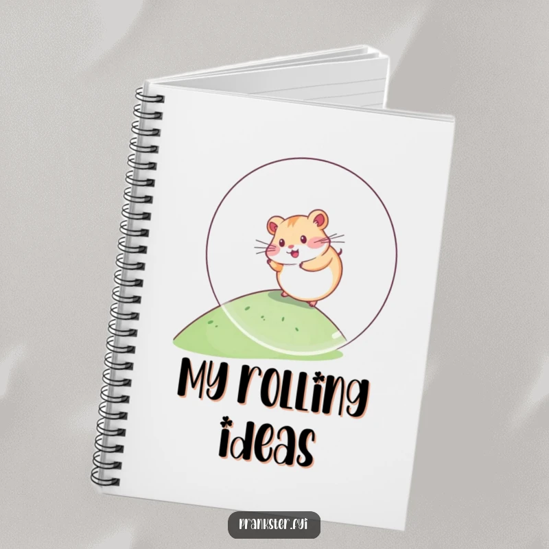 Funny Kawaii Hamster Notebook rolling down a hill inside a giant plastic ball, perfect for jotting down notes with a touch of energetic pet humor.