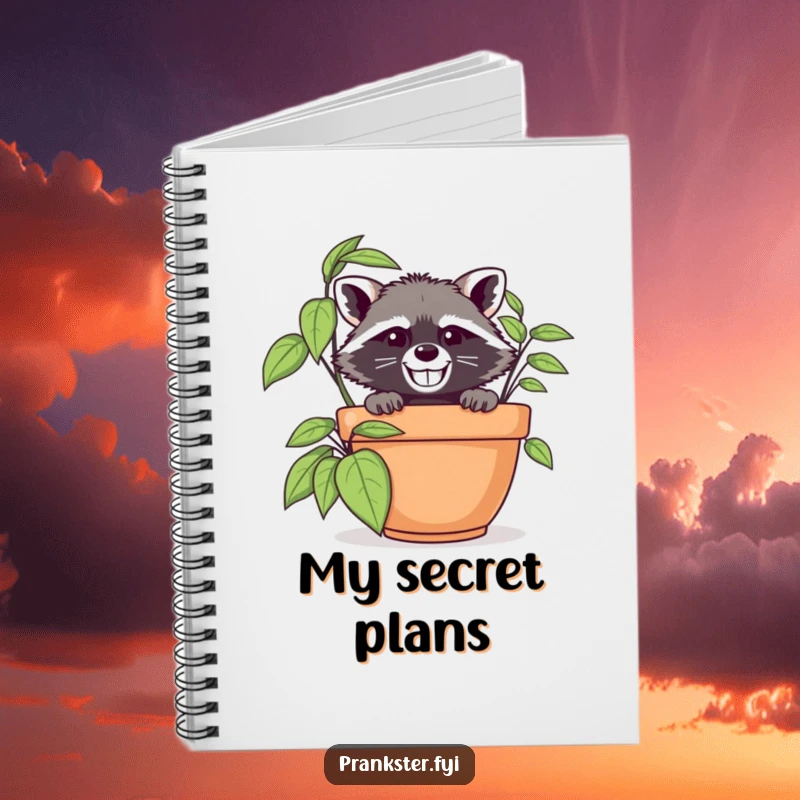 Funny raccoon in disguise peeking from behind a large potted plant, inspiring notes and spy missions in a funny notebook.