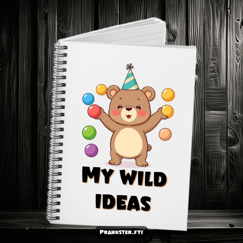 Funny bear notebook with a bear in a party hat juggling balls. Ideal for planners. Fun gift.