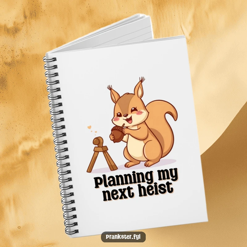 Funny notebook with a gleeful squirrel launching an acorn from a slingshot, ideal for planning and notes.