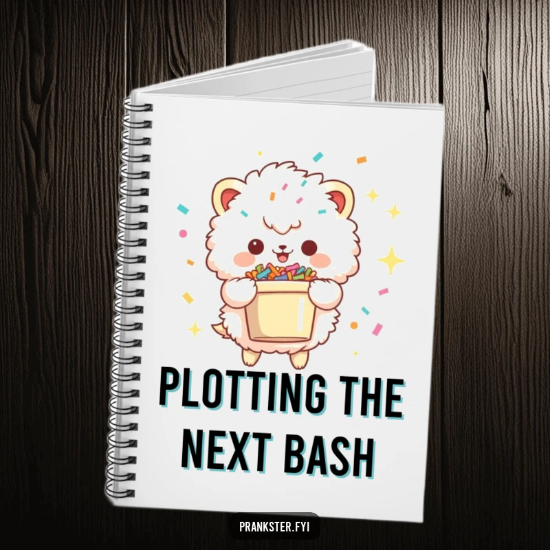 Funny notebook with a fluffy creature, mischievous sparkle, and a confetti bucket, ideal for jotting down notes, thoughts, and creative sparks.