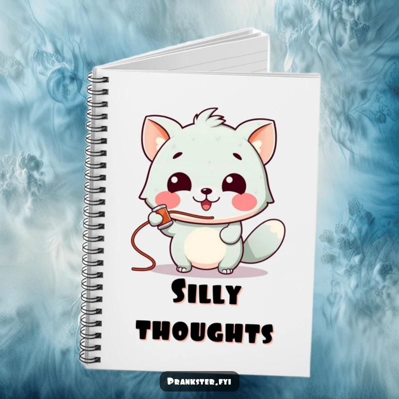 Funny notebook featuring a gleeful animal character spraying silly string, ideal for jotting down fun ideas and plans.