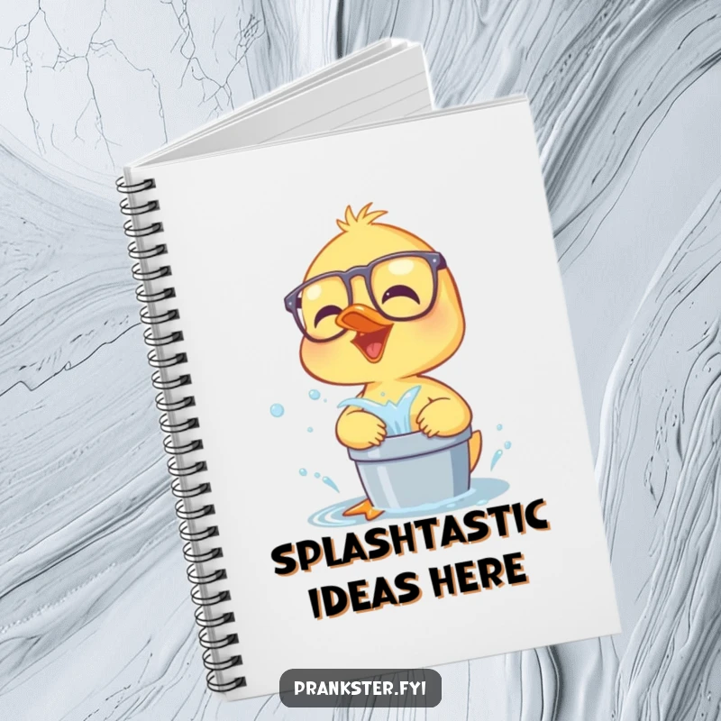 Funny giggling duckling in glasses, about to splash water, a humorous and practical notebook for writing.