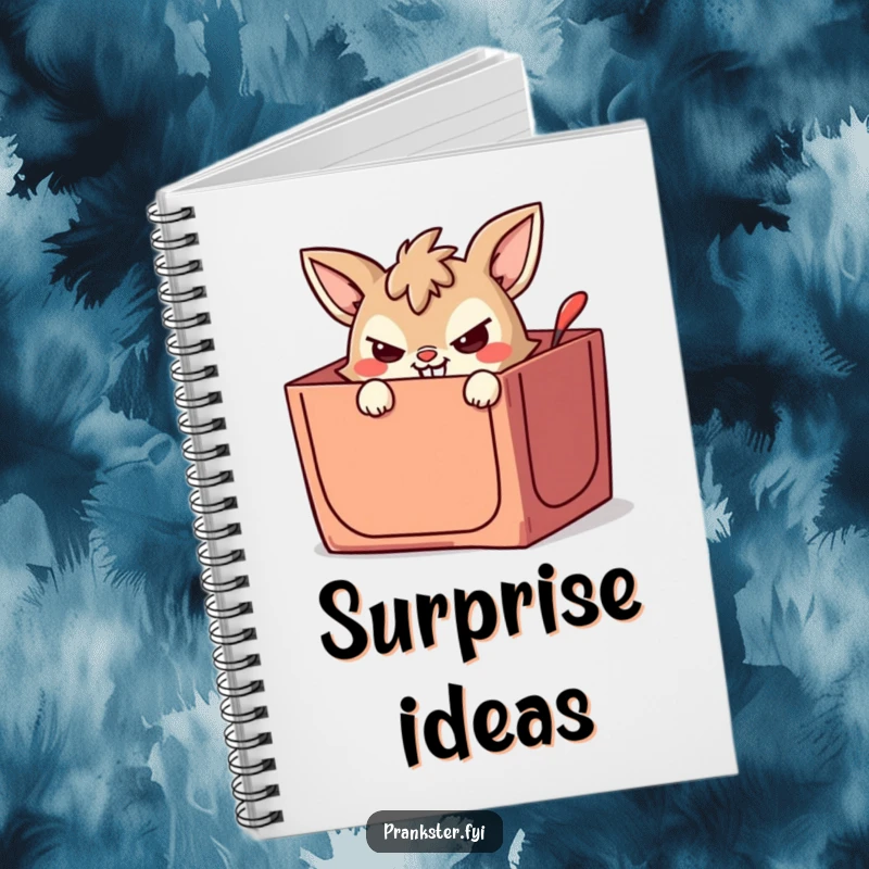 Funny notebook featuring a mischievous animal character peeking from a jack-in-the-box with a wicked grin, perfect for jotting down funny thoughts.