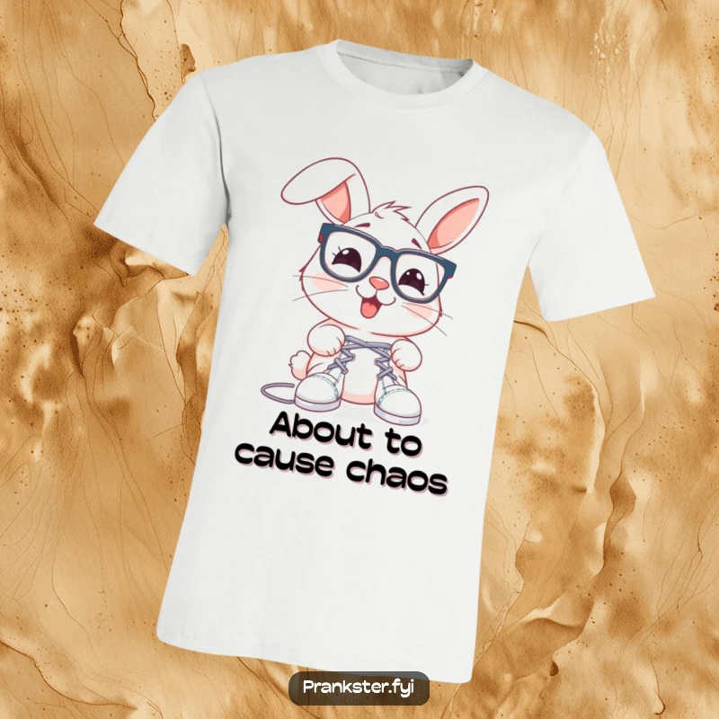 Funny rabbit t-shirt with oversized spectacles, about to tie shoelaces together, a cheerful prank design.