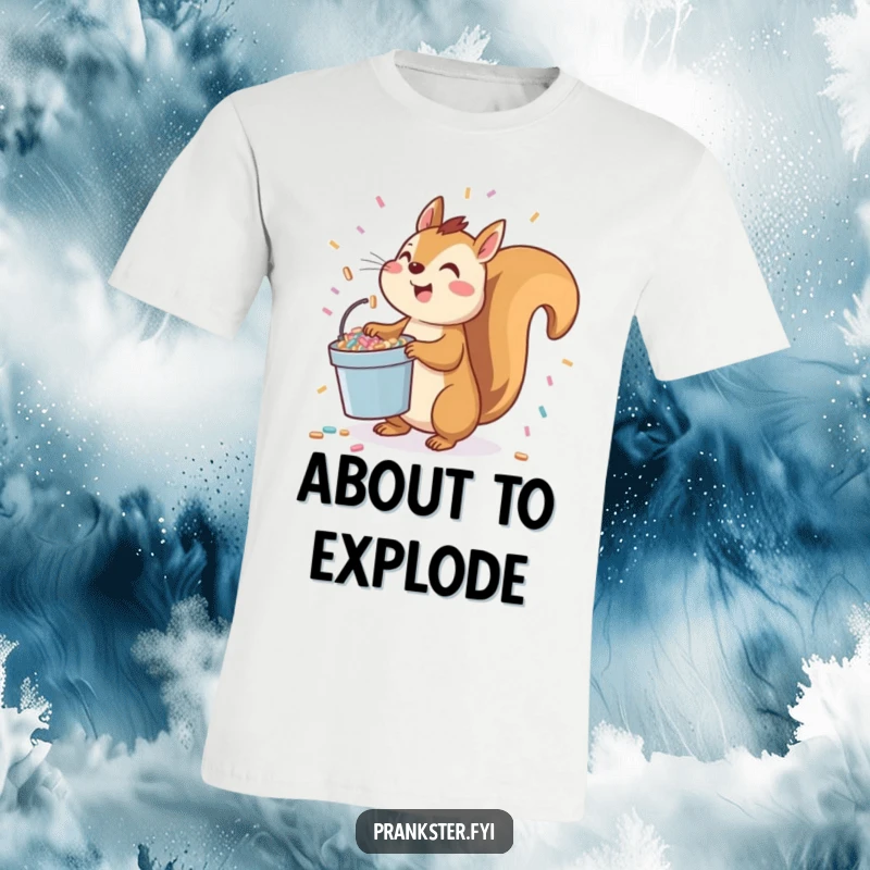 Funny squirrel t-shirt featuring a playful character holding a bucket of confetti, ready to toss it upwards.