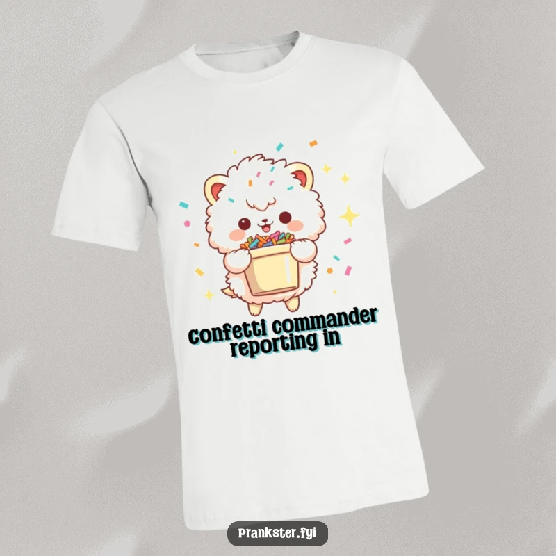 Funny t-shirt featuring a fluffy creature with a mischievous sparkle, holding a bucket brimming with confetti, embodying pure party excitement and joy.