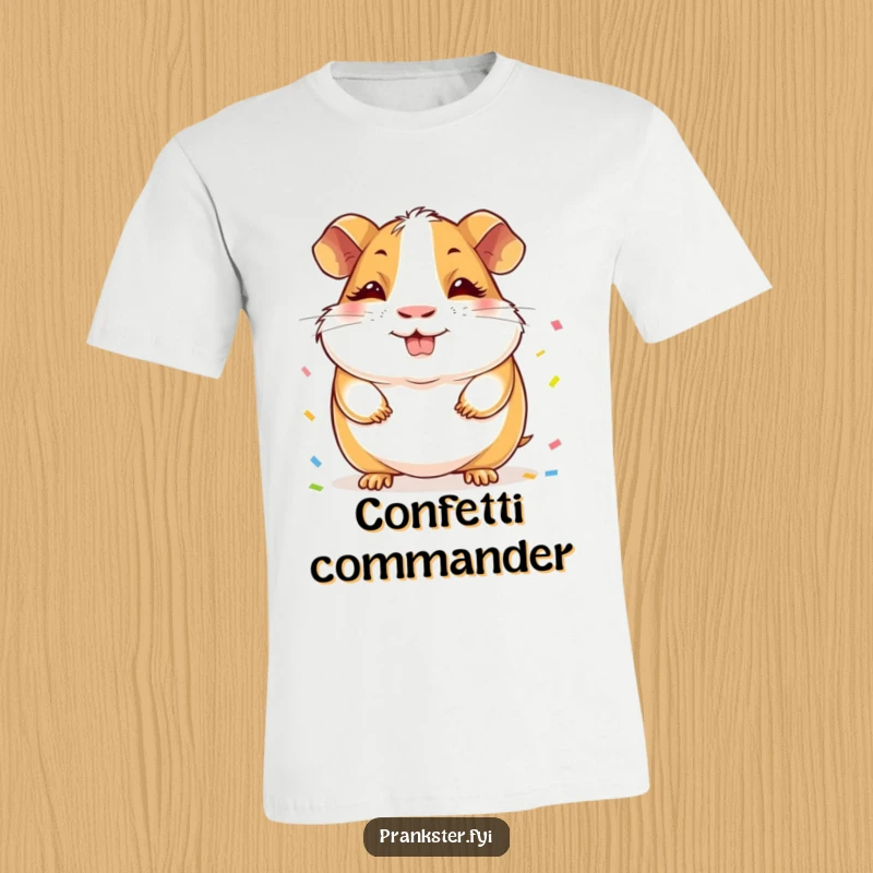 Funny Guinea Pig T-Shirt: A cheerful guinea pig with a sly grin, hiding a mischievous pile of confetti behind its back.