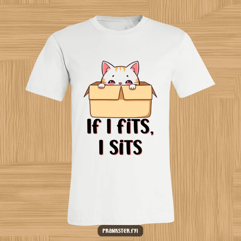 Funny t-shirt with a delighted cat character peeking out from a box, eyes only visible.