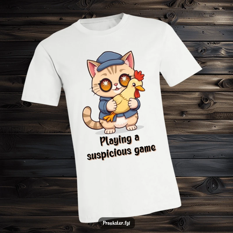 Funny t-shirt depicting a cunning cat in disguise, holding a rubber chicken with sparkling eyes, a humorous spy adventure.