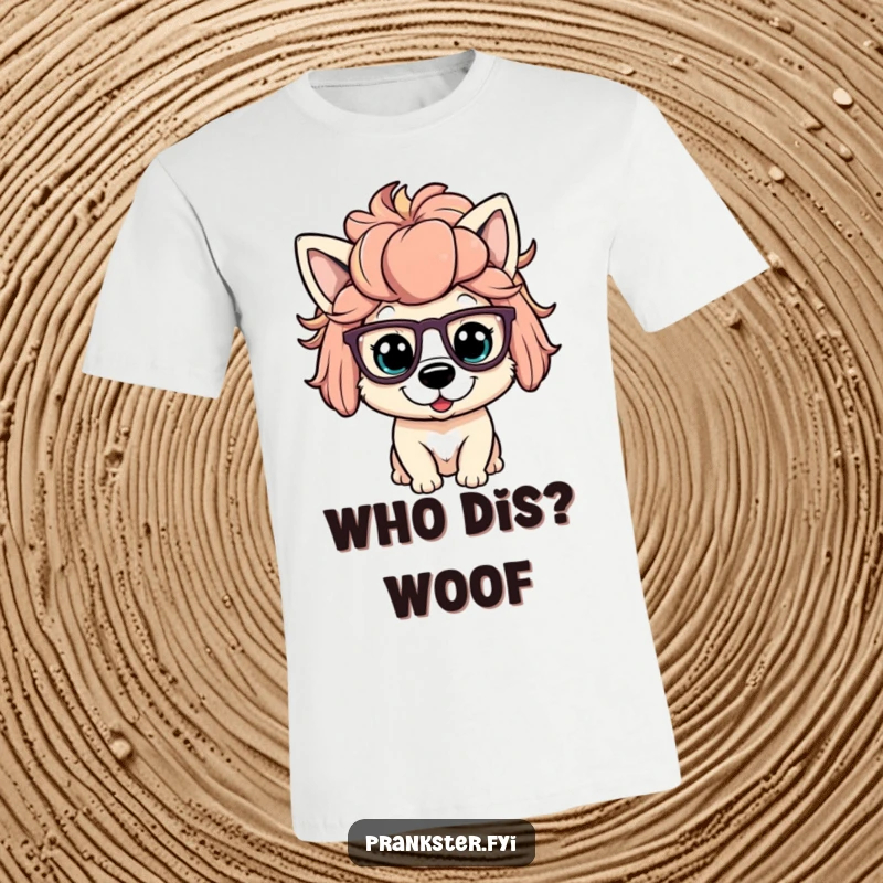 Funny t-shirt with a playful dog character wearing a ridiculous wig and big glasses, exuding comical, disguised charm.