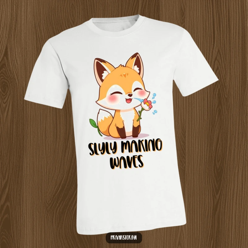 Funny fox t-shirt featuring a giggling character winking and squirting water from a flower, a playful design.