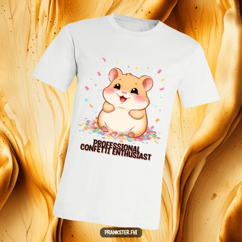 Funny T-Shirt showcasing a gleefully giggling hamster amidst a vibrant explosion of confetti, capturing pure, uncontainable delight.