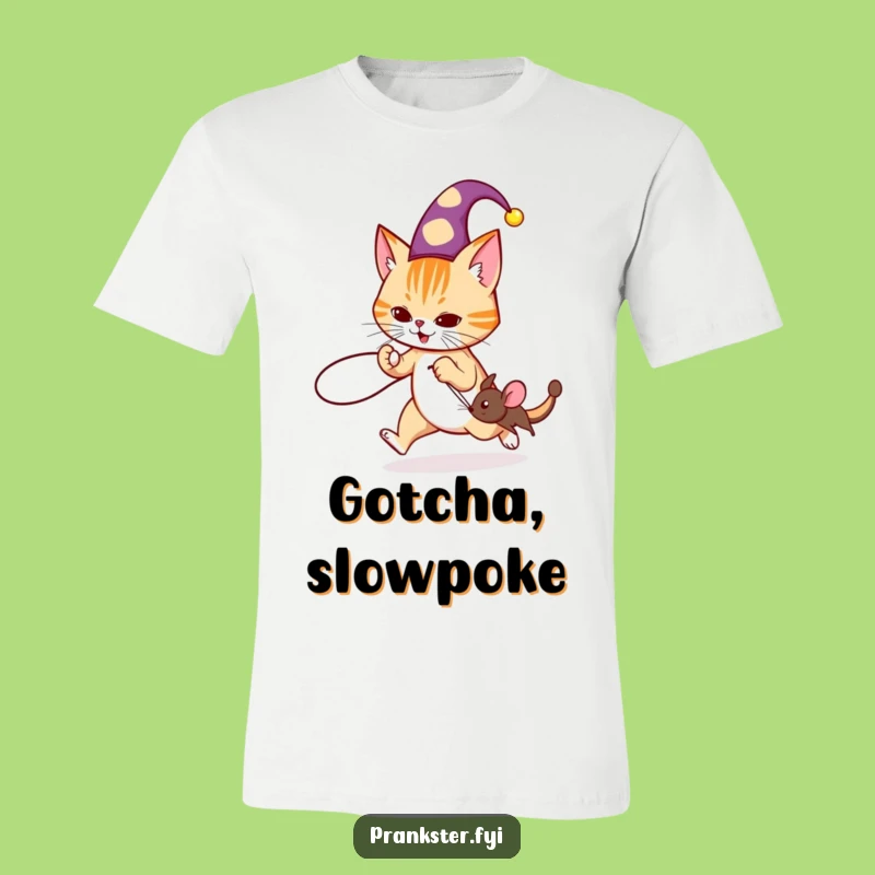 Funny Jester Cat Prank T-Shirt: Mischievous Mouse Chase Apparel, Humorous Gift