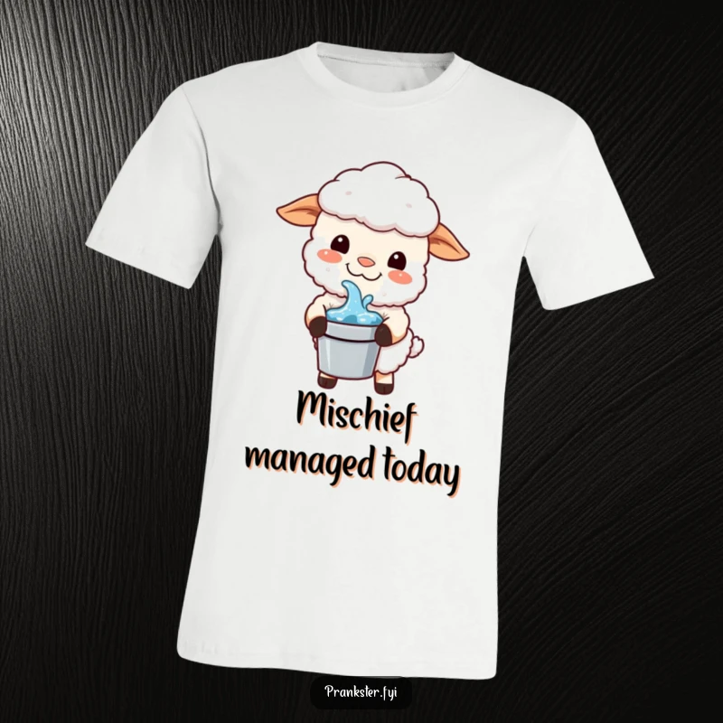 Funny Kawaii Sheep T-Shirt: A mischievous sheep grins, holding a bucket of water, ready to unleash some playful chaos.