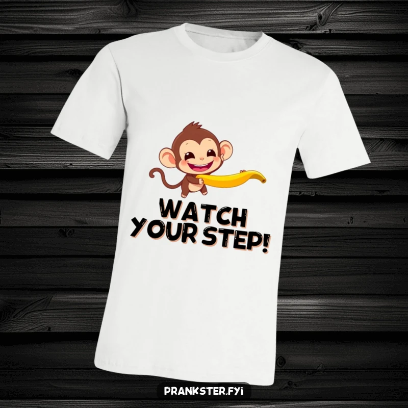 Funny Monkey T-Shirt with a mischievous monkey throwing a banana peel, grinning widely, representing fun and pranks, great for gifting.