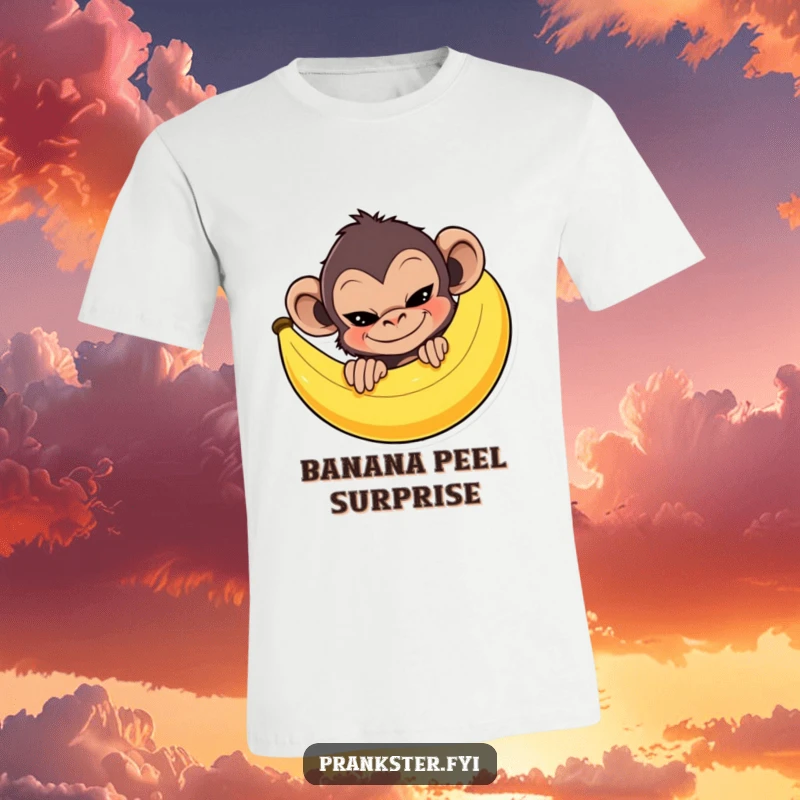 Mischievous monkey peeking behind a giant banana peel with a sly grin, printed on a soft funny t-shirt.