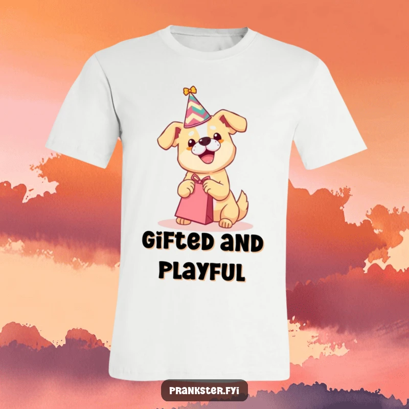 Funny t-shirt featuring a playful dog in a party hat shaking a gift bag, capturing festive energy.