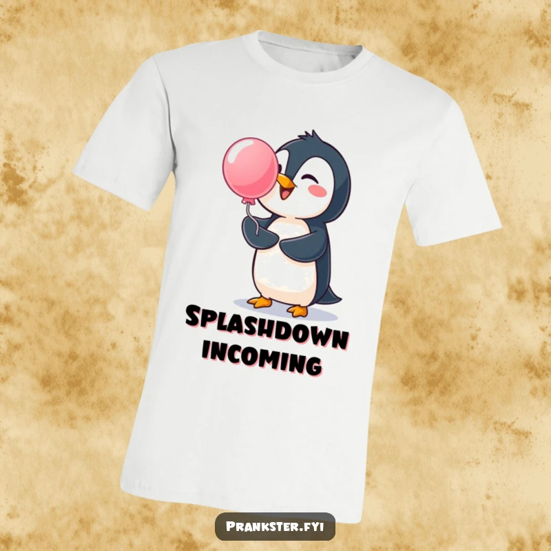 Funny penguin t-shirt, cheerful penguin launching a surprise water balloon, capturing playful mischief and watery fun.
