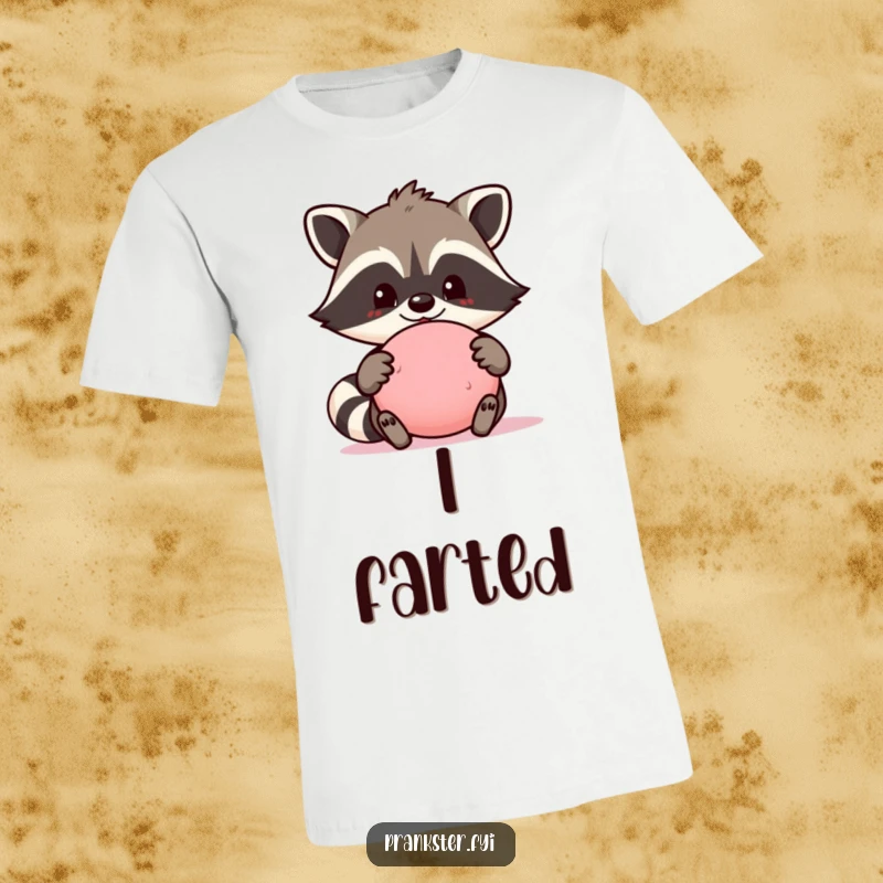 Funny t-shirt featuring a proud raccoon character holding a whoopee cushion, ready to unleash hilarious pranks and laughter.