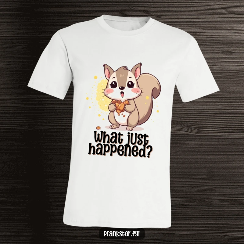 Funny squirrel t-shirt featuring a surprised squirrel with nuts spilling, and a glitter explosion behind it. Hilarious gift.