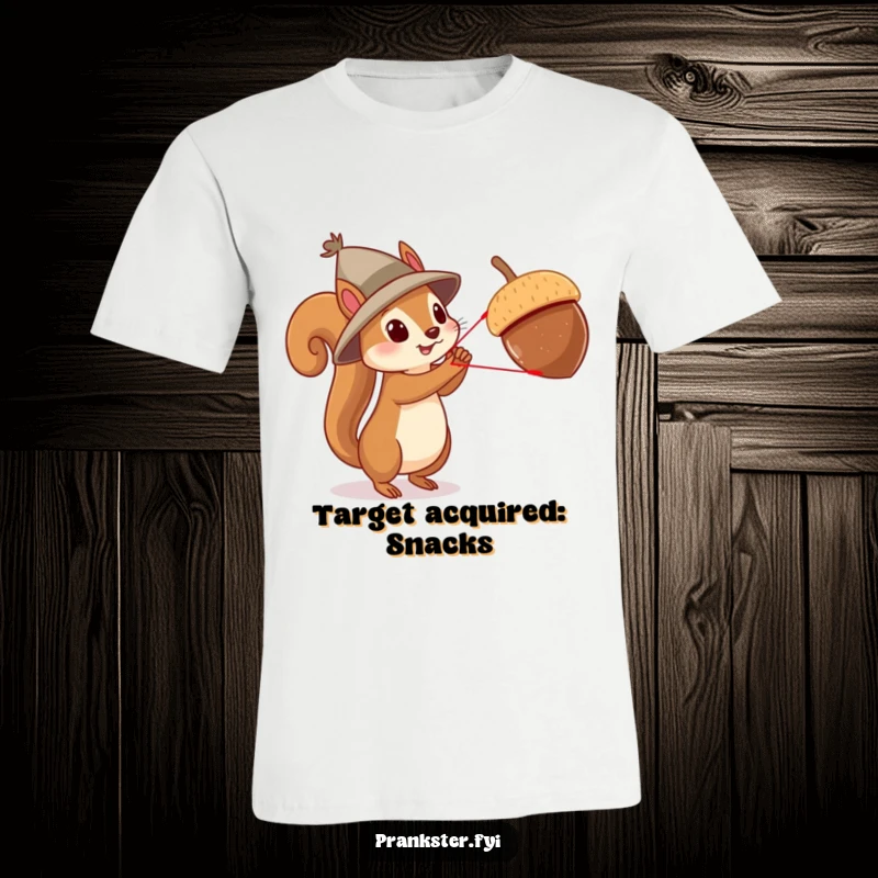 Funny squirrel slingshot t-shirt, a squirrel wearing a hat launching an acorn, perfect for action-loving humor.