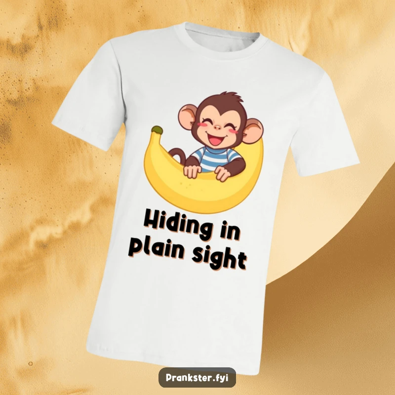 Funny monkey t-shirt with a giggling monkey in a striped shirt hiding behind a large banana peel, a playful design.
