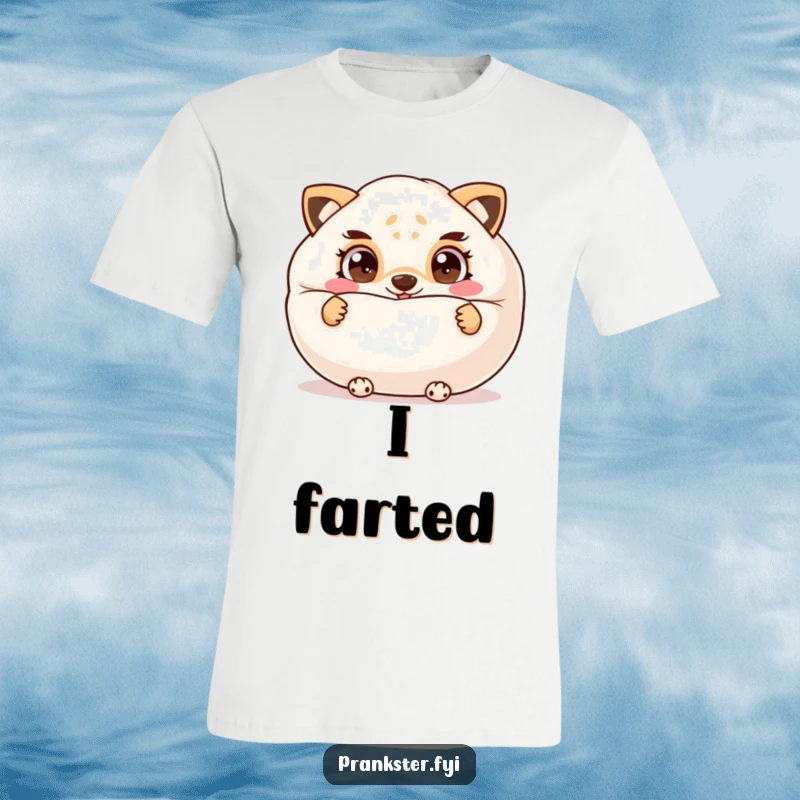 Funny t-shirt depicting a cheeky animal hiding behind a giant whoopee cushion, with mischievous eyes, ready to play a prank.