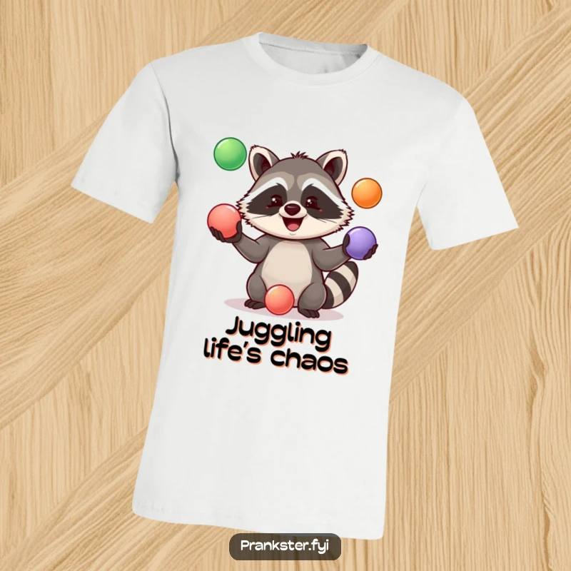 Funny T-Shirt featuring a gleeful raccoon caught mid-juggle with three bright rubber balls, showcasing playful dexterity.
