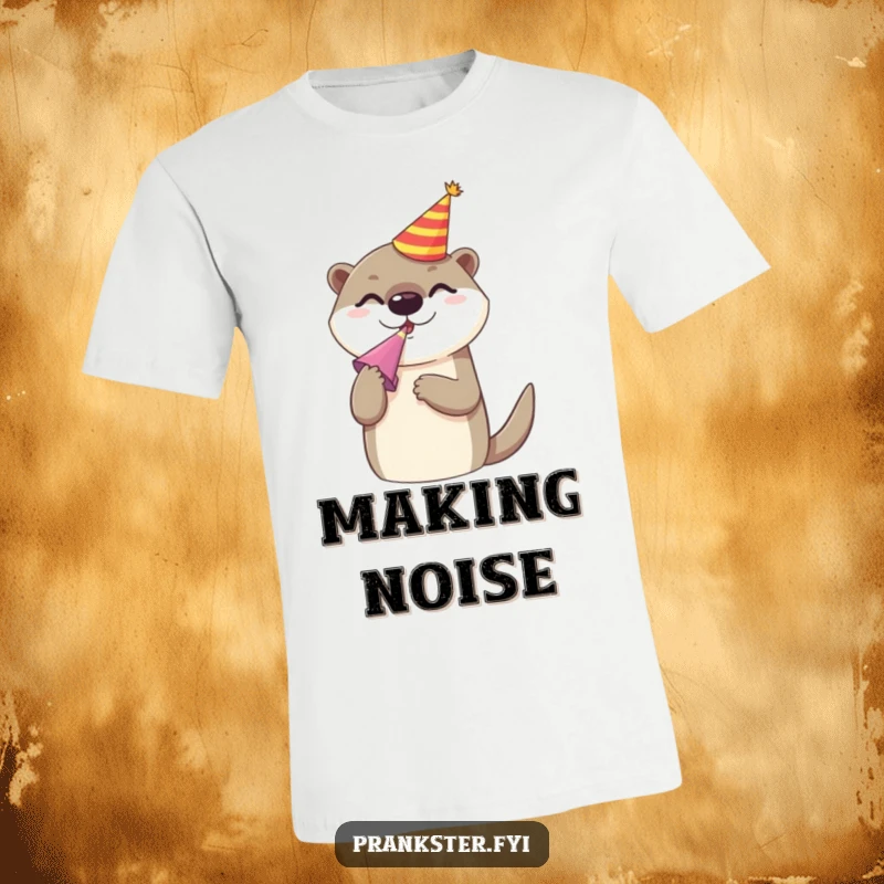 Funny t-shirt with a cheerful otter character wearing a party hat and blowing a noise maker, celebrating with unmatched joy and energy.