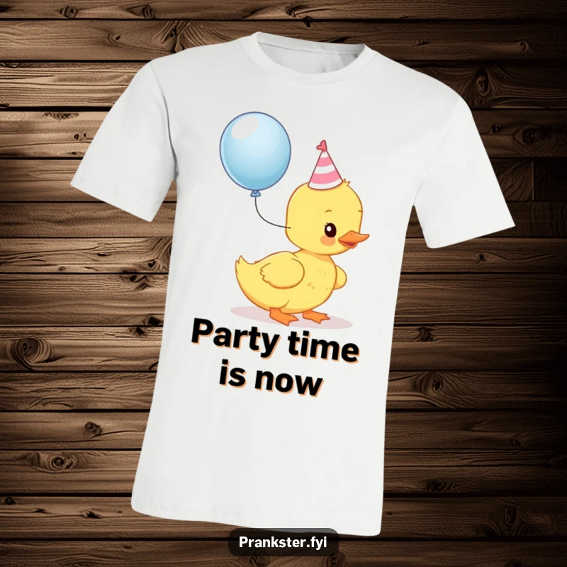 Funny Kawaii Duckling T-Shirt: A duckling in a party hat is poised to pop a balloon, embodying pure party excitement.