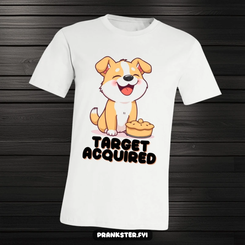 Funny dog t-shirt, giggling dog in the act of throwing a pie, capturing chaotic joy and humor, ideal for gifting.