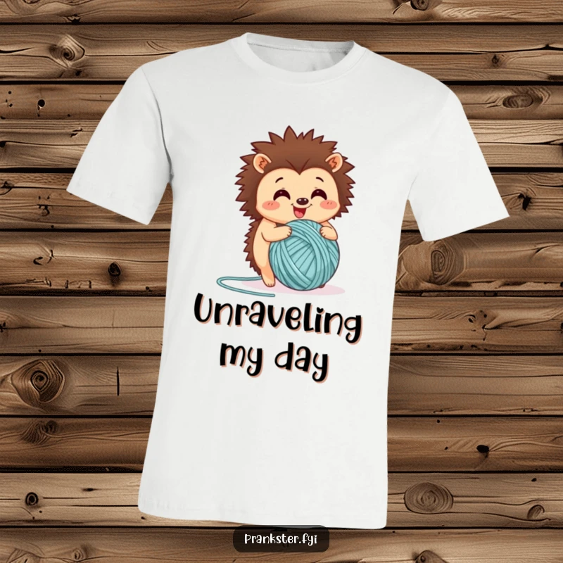 Funny t-shirt showing a gleeful hedgehog rolling a big ball of yarn, embodying playful energy and crafting joy.