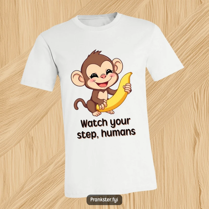 Funny monkey t-shirt depicting a mischievous monkey about to flick a banana peel, symbolizing playful pranks and lighthearted fun.