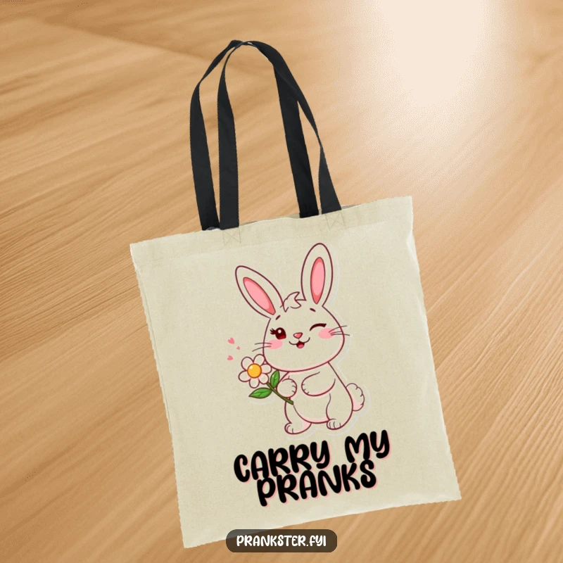 Funny tote bag with a cheerful bunny character giving a mischievous wink and holding a squirting flower, perfect for playful carrying.