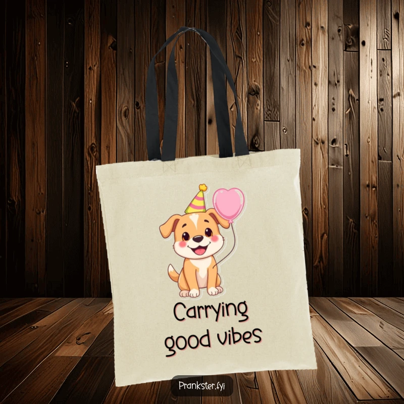 Funny tote bag featuring a cheerful dog with a party hat and balloon, perfect for carrying party supplies and more.