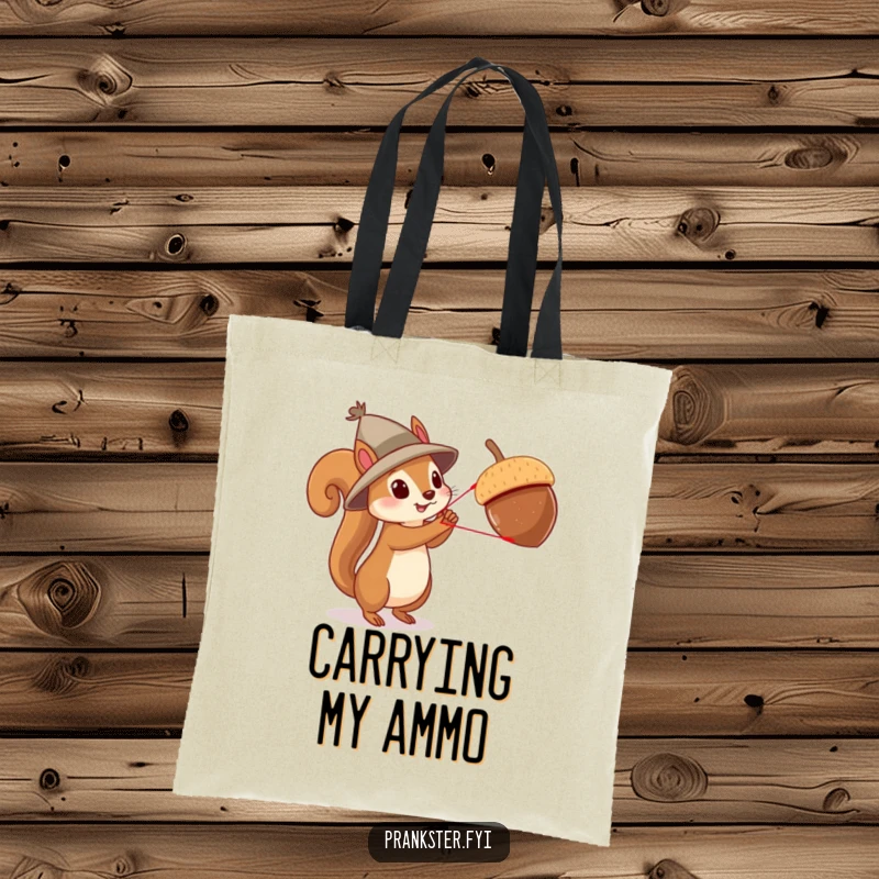 Funny squirrel slingshot tote bag, a squirrel with a hat launching an acorn with a slingshot, great for carrying fun essentials.