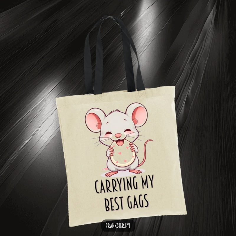 Funny Tote Bag depicting a mischievous mouse gleefully holding a tiny whoopee cushion, adding a humorous touch to errands.