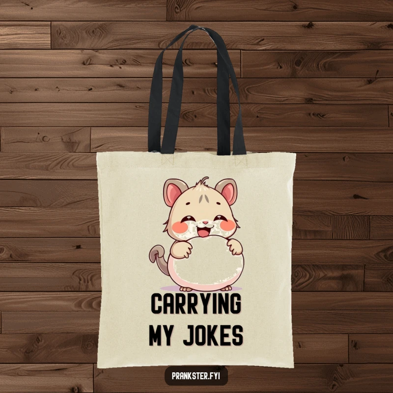 Funny tote bag showcasing a giggling creature hiding a whoopee cushion, perfect for carrying essentials and spreading contagious laughter wherever you go.