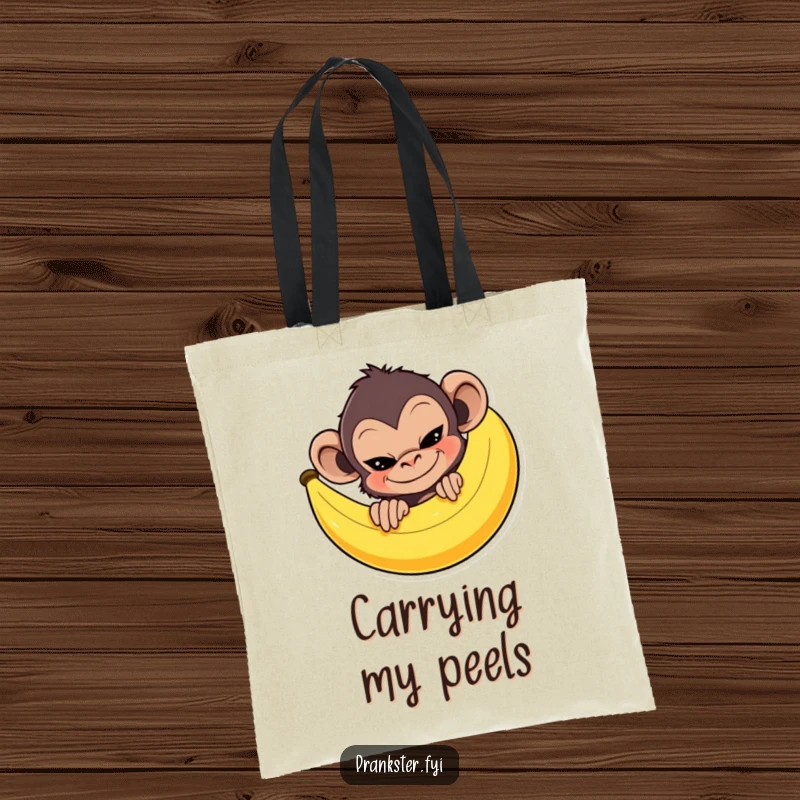 Mischievous monkey peeking behind a giant banana peel with a sly grin, on a durable and charming funny tote bag.