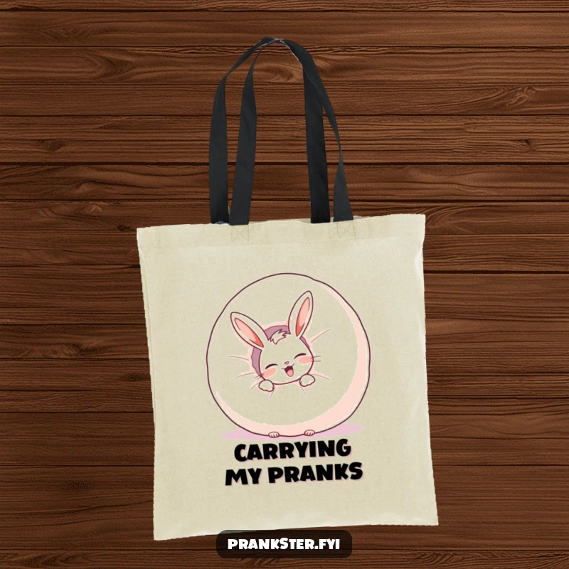 Funny tote bag with a giggling rabbit hiding behind an inflated whoopee cushion, a practical and humorous accessory.