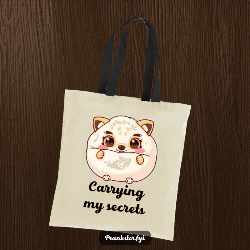 Funny tote bag with a cheeky animal peeking from behind a large whoopee cushion, eyes wide with playful mischief.
