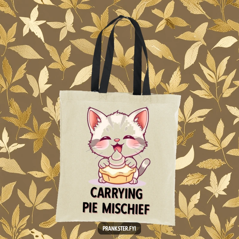 Funny tote bag with a giggling kitten tossing a cream pie, symbolizing playful chaos and joy.