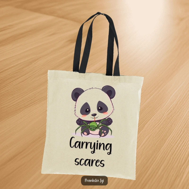 Funny tote bag showing a curious panda pulling a fake spider on a string. Humorous and functional.