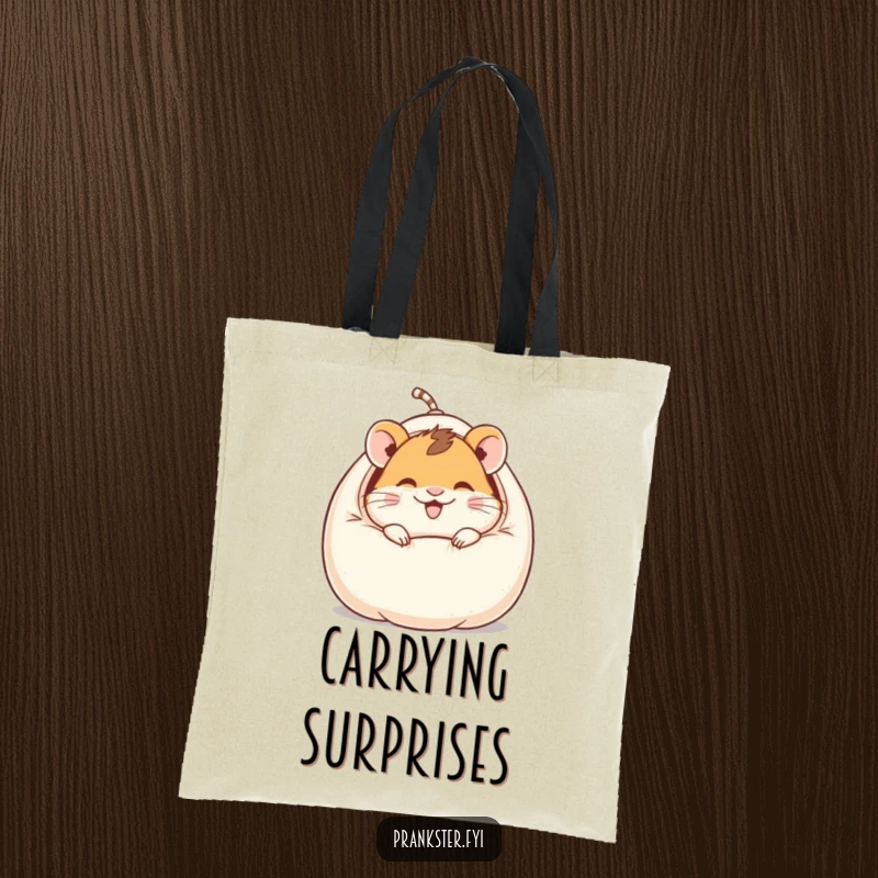 Funny tote bag showcasing a giggling hamster character emerging from a whoopee cushion, ideal for carrying humor and essentials.