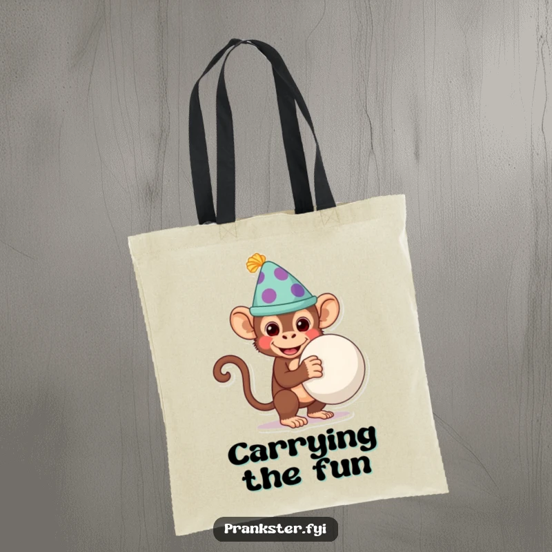 Funny monkey wearing a silly hat, hiding a whoopee cushion, designed on a practical and humorous tote bag.