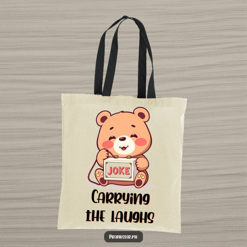Funny tote bag showing a smiling bear playfully engaging a joke box. Humorous and functional.