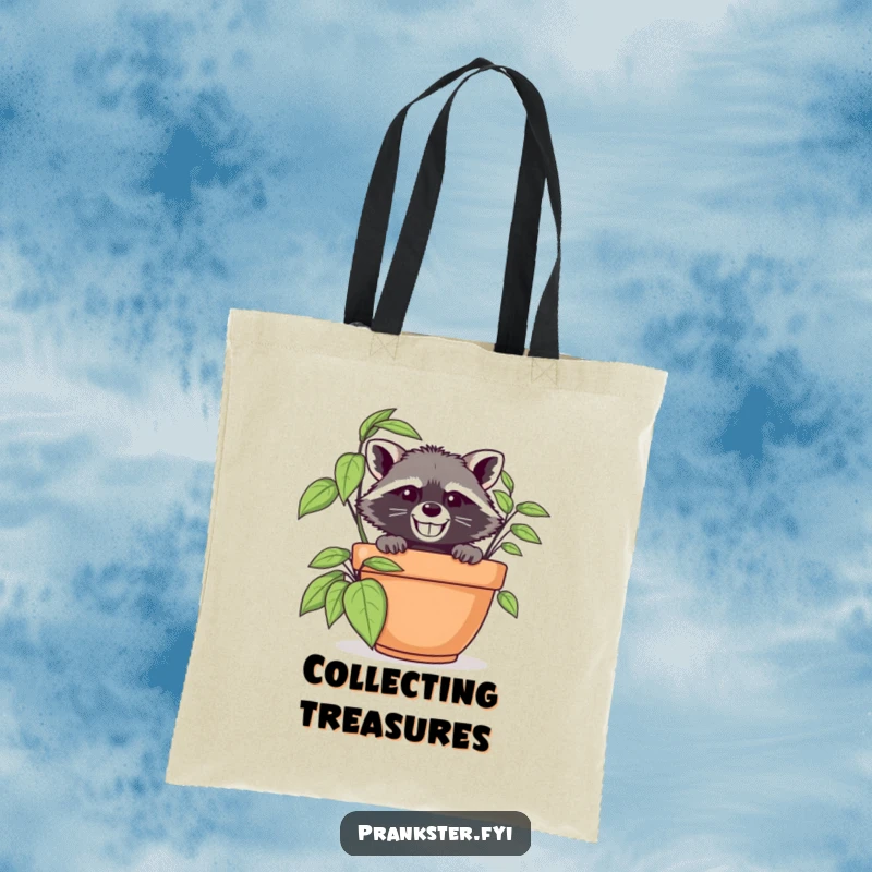 Funny raccoon in disguise peeking from behind a large potted plant, designed on a practical and humorous tote bag.